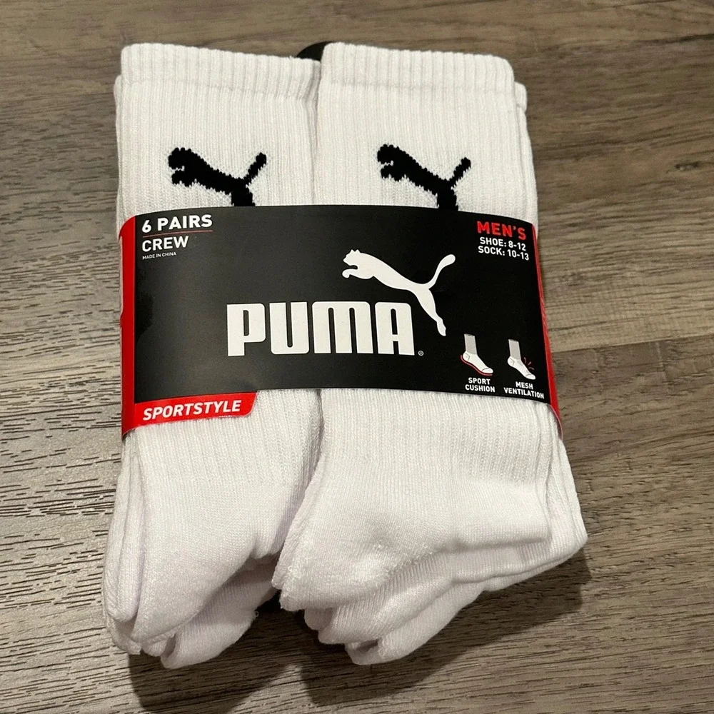 PUMA Men's Crew Socks 6-Pair White Cushioned Sport Size 10-13 NWT